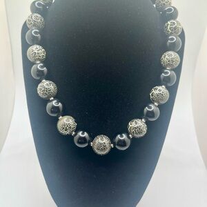 Vintage Japan black glass bead necklace crackle glass chunky mid century